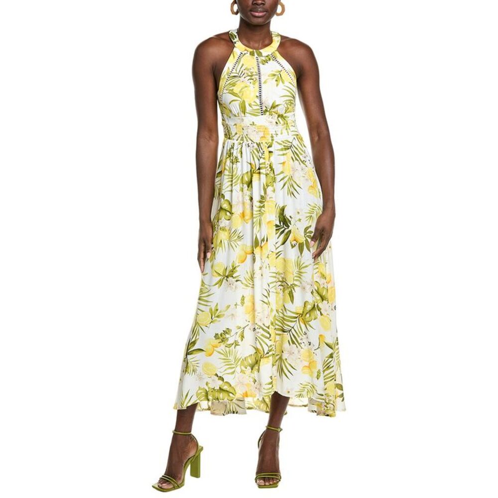 Marion Womens  Lemon & Leaf Halter Smocked Maxi Dress, Green